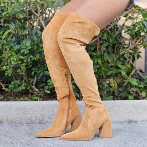 Women's Tan Over The Knee pointed Chunky Block Heel Boots - Picture 1 of 6
